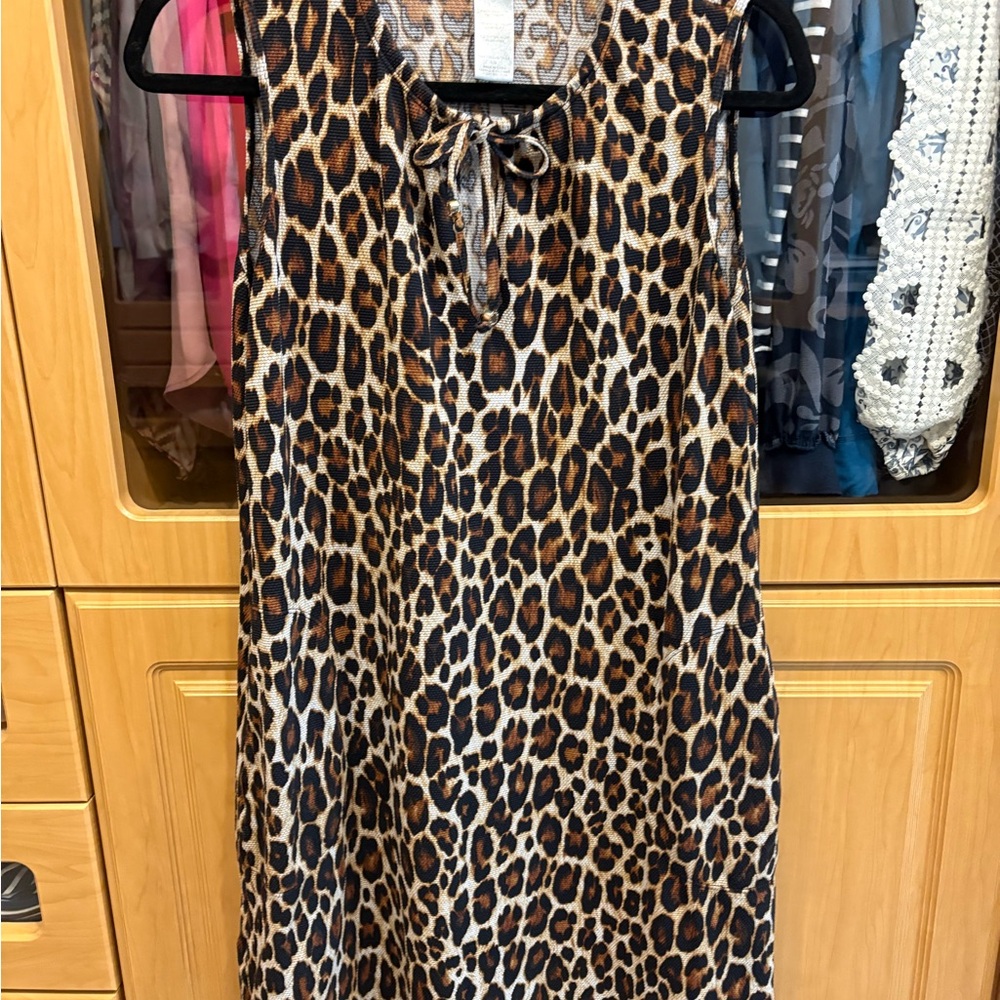 Tommy Bahama pull over Leopard Print Sleeveless Tie-Neck Dress w pockets